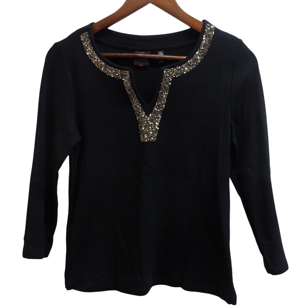 Rafaella Black Long Sleeve V Neck Embellished Top Shirt Womens Sz PS / #1272